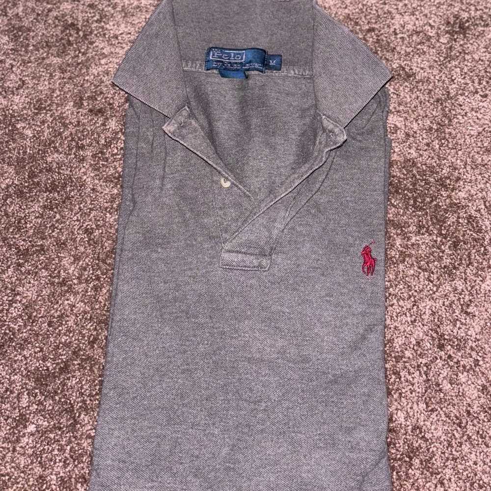 Men’s Classic Ralph Lauren Gray/Red Polo Collar Shirt - Medium